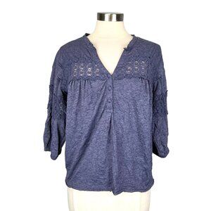 Sundance Womens Blue Crinkle Top Crochet Lace Trim Half Sleeves size Small